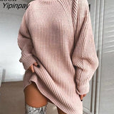 Yipinpay Knit Ribbed Baggy Sweater Mini Dress Women Jumper Long Sleeve Turtleneck Streetwear Female Pullover Loose Sweaters Dresses