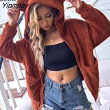 Yipinpay Plush Sweatshirt Cardigan Coat Women 2023 Long Sleeve Zip Up Pockets Streetwear Hooded Sweatshirts Baggy Coats And Jackets