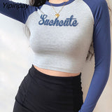 Yipinpay Women T-Shirt Tops Grunge Summer Letter Fashion Sexy Casual Korean Pullover Vintage Long Sleeve Harajuku Y2k Aesthetic Clothes