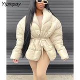 Yipinpay Women Casual Lapel Oversized Padded Jacket Long Sleeve Warm Parkas Padded Jackets 2023 Autumn Winter Fashion Lace Up Streetwear