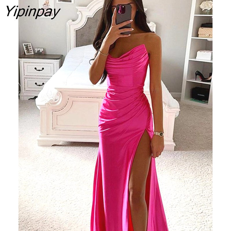 Yipinpay Satin Strapless Pleated Dress For Women 2023 Summer Elegant Festival Evening Lady Dress Sleeveless Side High Split Dress
