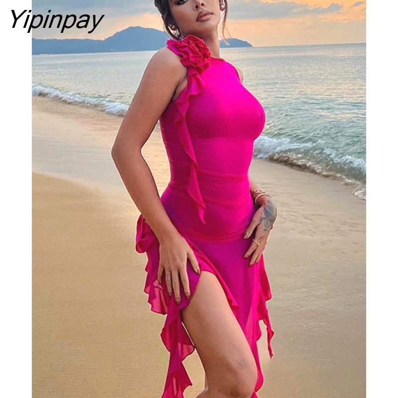 Yipinpay Women Sexy 3d Gauze Irregular Dress Female Chic Mesh Perspective High Slit Dresses 2023 Party Club Lady Night Mini Robe