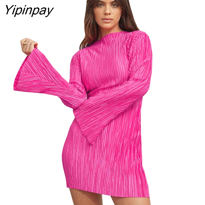 Yipinpay Flare Sleeve Short Pleated Dresses For Women Robes New 2023 Spring Streetwear Rose Red Vestidos Sexy Bodycon Mini Dress