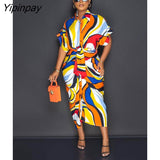 Yipinpay Women's Satin Printed Slim Maxi Dress Summer Casual Button Lace Up Short Sleeve Dress Elegant Fashion Office Lady Dresses