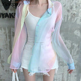 Yipinpay Summer Beach Rainbow women blouses shirts Transparent Loose Ladies Shirt Long Sleeve Turn-Down Collar Female Clothing