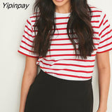 Yipinpay Summer Striped T Shirt Women Loose Top New 2023 Casual All Match Basic Tees O Neck Baggy Tshirt Streetwear Cotton Tops