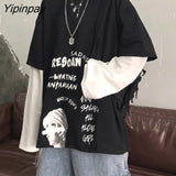Yipinpay Harajuku Black White Striped Hip Hop T-shirts Men Women Autumn Cotton Fake Two Piece Long Sleeve Loose Tshirt Female