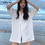 Yipinpay Summer Short Sleeve Button Chiffon Women Shirt Korean style Stripe Loose Ladies Blouse Beach Vacation Female Clothes Tops