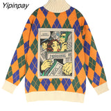 Yipinpay Winter Harajuku Oversize Turtleneck Women's Streetwear Cartoon Patchwork Argyle Knit Women Pullover Y2K Loose Clothes Tops