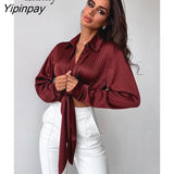 Yipinpay 2023 Spring Vintage Long Sleeve Satin Women Red Shirt Bandage Button Up Woman Crop Tops Knot Blouse Party Female Clothing
