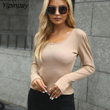 Yipinpay Sexy Short T Shirt Knit Tight Tops For Women Spring 2023 Long Sleeve O Neck Streetwear Bodycon T Shirts Knitted Crop Tops