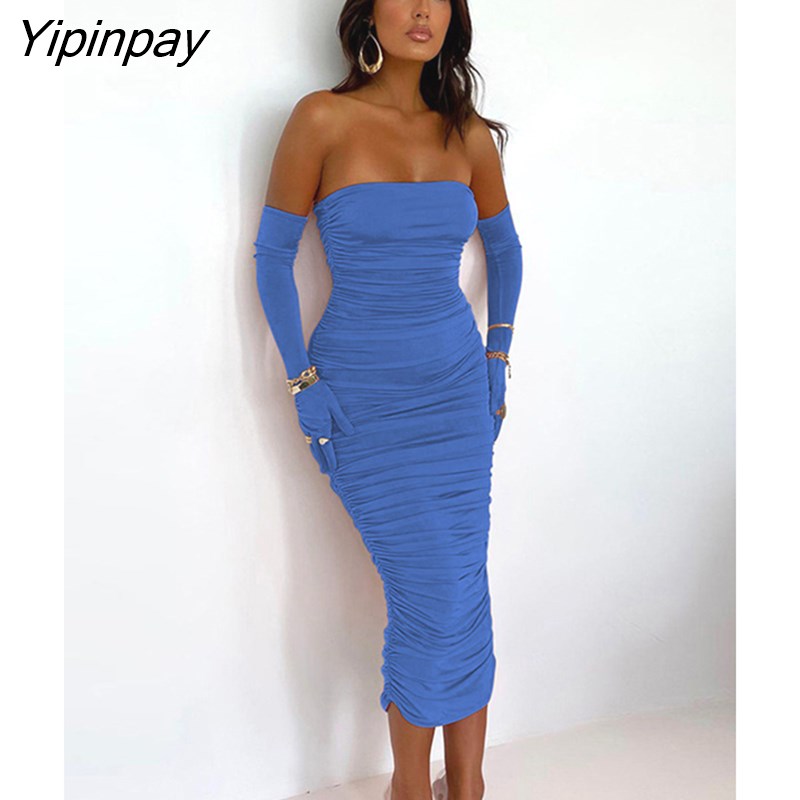Yipinpay Strapless Backless Tight Dress Woman Sexy Fold Off Shoulder Fashion Dresses Lady Club Bar Banquet Summer Gloves Outfit
