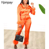 Yipinpay Women Fashion Satin Feather Splicing Shirt Two Piece Set Casual Single Breasted Lapel Blouse Pants Suits Lady High Street Outfit