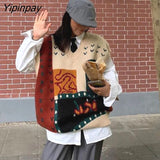 Yipinpay 2023 Autumn Street Style Patchowork Knit V Neck Women's Sweater Y2K Sleeveless Ladies Vest Winter Loose Female Clothing