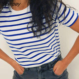 Yipinpay Summer Striped T Shirt Women Loose Top New 2023 Casual All Match Basic Tees O Neck Baggy Tshirt Streetwear Cotton Tops