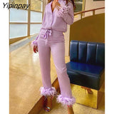 Yipinpay With Feather Blazer And Straight Pants Suits Women Fashion Furry Tailored Collar Shirts Trousers Two Piece Set Lady Outfit