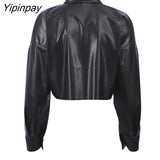 Yipinpay 2023 Spring New In Streetwear Long Sleeve Black Pu Shirt Women Sexy Button Up Woman Crop Tops Blouse Female Clothing