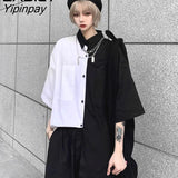 Yipinpay Street Style Oversize Women Shirt Gothic Black White Patackwork Short Sleve Ladies Blouse 2023 Summer Button Up Clothing