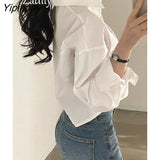 Yipinpay 2023 Spring New Casual Long Sleeve Women White Shirt Korea Style Solid Button Split Woman Crop Tops Blouse Party Clothing