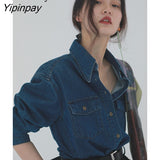 Yipinpay 2023 Autumn Fashion Street Style Long Sleeve Denim Shirt Women Casual Button Up Pocket Blouse Female Clothing Tops