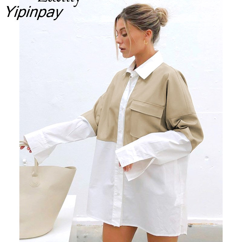 Yipinpay 2023 Spring New Patchwork Full Sleeve Pu Women White Long Shirt Streetwear Oversize Button Woman Tunic Blouse Female Tops