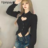 Yipinpay 2023 Spring Sweet Long Sleeve Hollow Out White Shirt Women Korea Style Slim Button Up Ladies Crop Tops Autumn Clothing