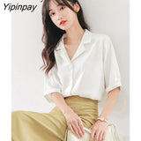 Yipinpay 2023 Summer Short Sleeve Chiffon White Shirt Women Office Lady Button Notched Neck Ladies Blouse Work Female Clothing Top