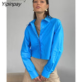 Yipinpay 2023 Spring Minimalist Long Sleeve Women Blue Shirt Korea Style Button Up Solid Woman Crop Tops Blouse Female Clothing