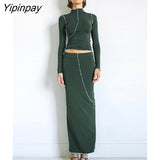 Yipinpay Half Turtleneck Bright Line Two Piece Suit For Women Sexy Long Sleeve Crop Top Skirt Sets 2023 Female Basic Tee Outfits