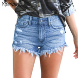 Yipinpay Cotton Tassel Jean Shorts Women High Waist Bottoms Sexy Rave Jean Short Button Pockets Streetwear Black Blue Denim Shorts