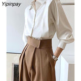 Yipinpay 2023 Summer Elegant Long Sleeve Solid Work Shirt Women Office Lady Button Up White Shirt Blouse Casual Female Clothes
