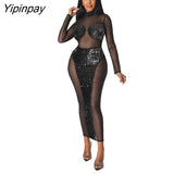 Yipinpay Women Turtleneck Sequins Mesh Patchwork Dress Sexy See Through Long Sleeve Bodycon Dresses 2023 Female Evening Prom Dress