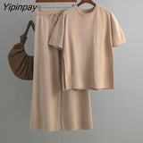 Yipinpay Piece Loose Knit Set Women Baggy Slit Tops And Wide Leg Pants High Waist Streetwear Summer 2023 Knitwear Outfits Black Sets