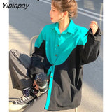 Yipinpay 2023 Summer Streetwear Oversize Patwork Long Sleeve Shirt Women Y2K Button Up Loose Ladies Shirts Tops Drop Shipping