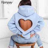 Yipinpay Women Diamonds Splicing Sweet Love Cutout Open Back Long Sleeve Thick Warm Oversized Pullover Hooded Sweatshirt 2023