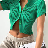 Yipinpay Women Knit Ribbed Crop Tops Sexy Button Up T Shirt 2023 New Summer Black White Cardigan Knitwear Basic Short Tees Bodycon Tops