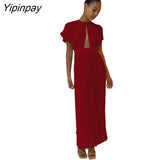 Yipinpay Hollow Out Pleated Dress For Women Fashion Flare Sleeve Backless A Line Dresses Spring O Neck Office Lady Solid Robe