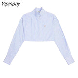 Yipinpay 2023 Spring Streetwear Long Sleeve Cotton Striped Shirt Women Button Stand Neck Ladies Crop Tops Female Clothing Blouse