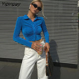 Yipinpay 2023 Spring Sexy Slim Long Sleeve Folds Women Shirt Korea Style Button Up Solid Woman Crop Tops Blouse Female Clothing