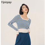 Yipinpay 2023 Winter Korean style Long Sleeve Slim Strip Sweater Women Patchwork Ladies Crop Tops Pullover Female Tops Clothing