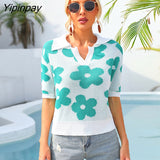 Yipinpay Summer Floral Print Knit T Shirts Loose Top Women Pullovers 2023 New In Knitwears Basic Tees Streetwear Tshirt Sexy Tops