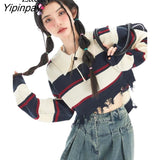 Yipinpay 2023 Winter Y2K Frayed Striped Polo Sweaters Women Sexy Turn Down Collar Long Sleeve Ladies Crop Tops Pullovers Clothing