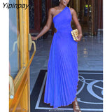 Yipinpay Hollow Out Pleated Dress Women Fashion Sleeveless Diagonal Collar A Line Dresses 2023 Summer Party Prom Evening Vestidos