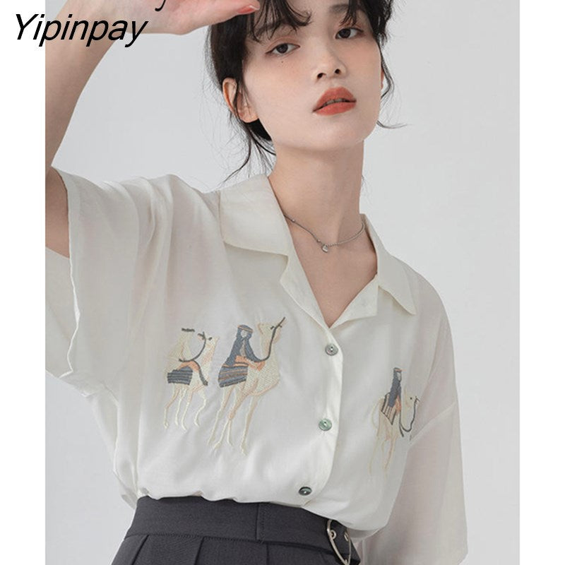 Yipinpay 2023 Summer Vintage Short Sleeve White Shirt Women Embroidery Button Up Ladies Blouse Casual Fashion Female Clothing Tops