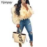 Yipinpay Women Elegant Ruffled Layered Puff Sleeve Top 2023 Summer Female Solid Petal Chiffon Long Sleeve Cropped Blouse Streetwear