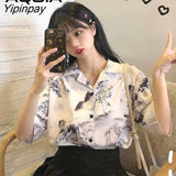 Yipinpay Summer Chinese Style Short Sleeve Women Blouse Shirt Ink painting Printing Ladies White Shirt Button Up Female Clothing