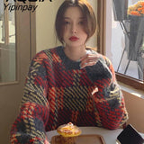 Yipinpay Winter Vintage Knit Female Pullovers Oversize Long Sleeve Patchwork Women Sweater Korean Loose Woman Sweaters Clothing