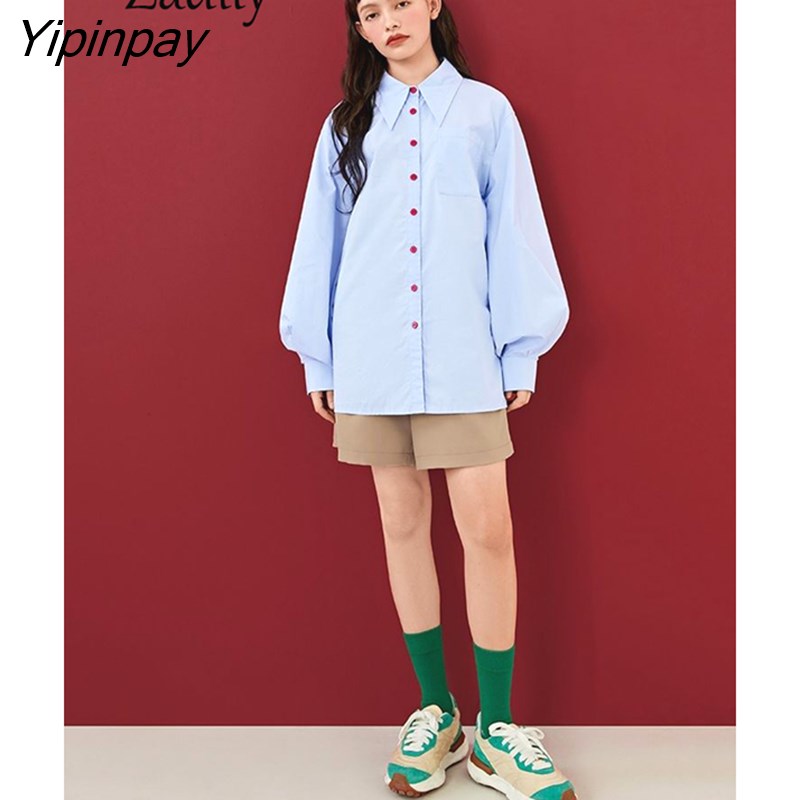 Yipinpay Office Lady Long Lantern Sleeve Women Shirt Vintage Button Up Loose Solid Color Woman Blouse Work 2023 Spring Female Tops