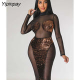 Yipinpay Women Turtleneck Sequins Mesh Patchwork Dress Sexy See Through Long Sleeve Bodycon Dresses 2023 Female Evening Prom Dress