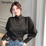 Yipinpay French Style Long Batwing Sleeve Women White Shirt Elegant Necklace Button Slim Ladies Blouse 2023 Summer Female Crop Top